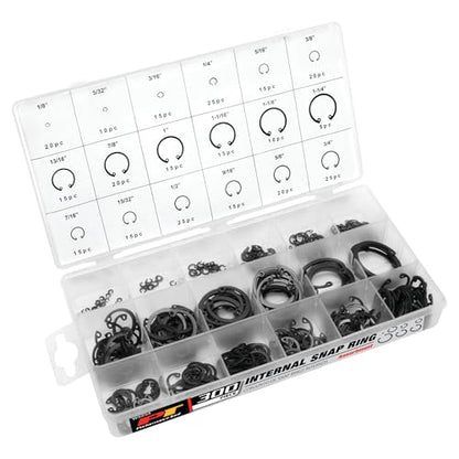 Performance Tool W5254 300-Piece Internal Snap Ring Assortment Kit | Spring steel retaining rings with black oxide finish. 18 sizes from 1/8 to 1-1/4 inch. Organized storage case - size: 300 pc. Internal Snap Ring