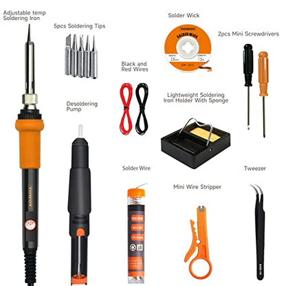 TOWOT Soldering Iron Kit, Electronic Soldering Iron 60W Adjustable Temperature, Deoldering Pump, Tin Wire, Solder Wick, Tweezers, Soldering Iron Tips Set, Soldering Iron Stand, Wire Strippers - style: Set A