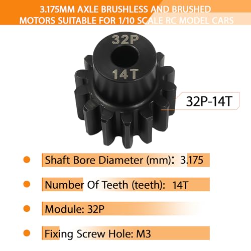 32P 14T Pinion Gear 3.175mm Shaft, Hardened Steel Motor Gear for 1/10 Scale RC Car Truck Crawler Monster Buggy, High Speed Durable 32 Pitch Gear Upgrade Parts 540 550 Brushed 3650 3660 Brushless - color: 14T