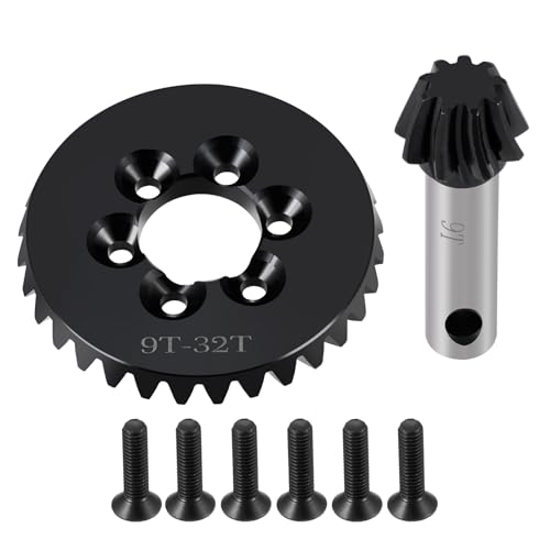 Diff Ring&Pinion Gear 32/9T 1.35M for Axial SCX6 JLU JeepTrail | Honcho AXI05000 AXI05001 1/6 RC Crawler Upgrade Parts Steel Front or Rear Spiral Cut Differential Gears - size: 32T/9T/1.35 Mod