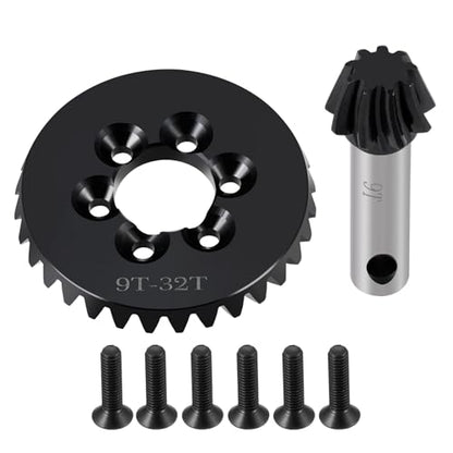 Diff Ring&Pinion Gear 32/9T 1.35M for Axial SCX6 JLU JeepTrail | Honcho AXI05000 AXI05001 1/6 RC Crawler Upgrade Parts Steel Front or Rear Spiral Cut Differential Gears - size: 32T/9T/1.35 Mod