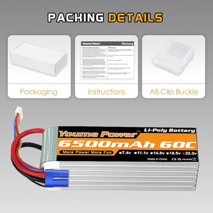 Youme 6S LiPo Battery 22.2V 6500mAh 60C EC5 Plug 2Packs for RC Car Plane | Soft Case 22.2V RC Battery high energy density for 1/6 1/7 Car Truck 550/700/800 Helicopter Airplane EDF jets boats