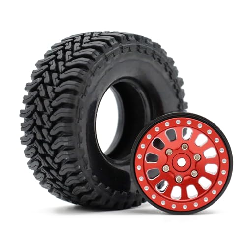 1.3” Brass Beadlock Wheels & All-Terrain Tires Set for 1/18 1/24 RC Crawler TRX4M, Axial SCX24 / AX24, Redcat Ascent-18, FMS FCX24, -5.40mm Offset, 7mm Hex, 4 pcs, Red - color: Red