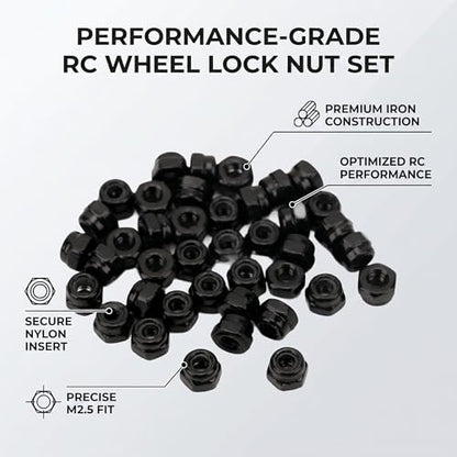 Wheel Locking Nuts, Easy Install Nylon Lining 40pcs Iron RC Wheel Nuts for 1/18 Climbing Car (Black)
