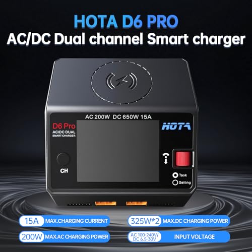 Lipo Battery Charger RC Battery Charger HOTA D6 Pro Smart Charger Dual Channel 15A AC200W with Balance Phone Wireless Charging BoatDC650W for Lipo LiHv Nicd NiMH - color: grey