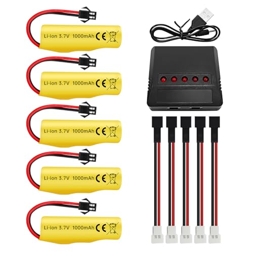sea jump 5PCS 3.7V 1000mAh Li-ion Battery with 5in1 Charger for TB202 TB201 TM201 TM202 TC141 DE35 DE38 DE40 DE50 DE84 S767 SL-356A 1220A RC Stunt Car RC Toy Car RC Rolling Car Battery