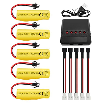 sea jump 5PCS 3.7V 1000mAh Li-ion Battery with 5in1 Charger for TB202 TB201 TM201 TM202 TC141 DE35 DE38 DE40 DE50 DE84 S767 SL-356A 1220A RC Stunt Car RC Toy Car RC Rolling Car Battery
