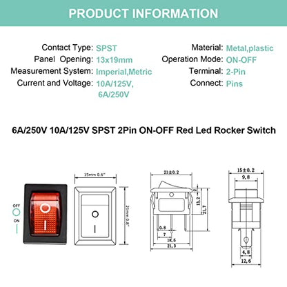 5 Pack KCD1 On/Off Red LED Boat Rocker Switch | 3-Pin 2-Position Snap In, 10A/125V, 6A/250V - color: Red, size: AC 250V/6A 125V/10A - Not Pre-Wired