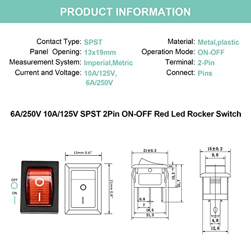 5 Pack KCD1 On/Off Red LED Boat Rocker Switch | 3-Pin 2-Position Snap In, 10A/125V, 6A/250V - color: Red, size: AC 250V/6A 125V/10A - Not Pre-Wired