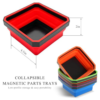 Collapsible Magnetic Parts Tray, 4.5" Square Silicone Tool Tray with Dual-Sided Magnetic Base, Foldable Small Metal Parts Organizer Storage Bowl for Screws Bolts Nuts Washers (Red) - color: Red