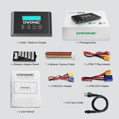 OVONIC Mate1 100W 10A Smart RC Balance Charger XT60, Compatible for 1S-6S LiPo/Life, 3-18S NiMH (Upgraded Version - Without Balance Board)