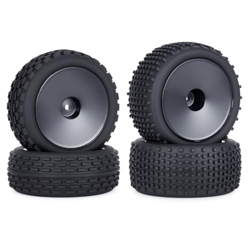1/10 RC Buggy Tires and Wheels, Pre-Glued Off Road RC Tires Set, 12mm Hex Front & Rear RC Buggy Wheels for 1/10 Scale RC Car, 4PCS
