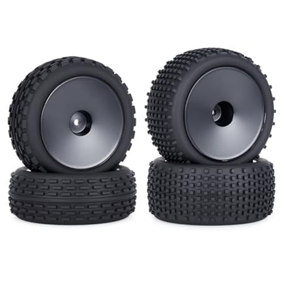 1/10 RC Buggy Tires and Wheels, Pre-Glued Off Road RC Tires Set, 12mm Hex Front & Rear RC Buggy Wheels for 1/10 Scale RC Car, 4PCS