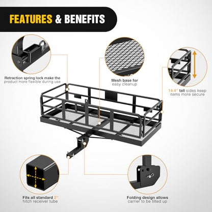 Nilight 60" x 24" x 14.4" Carrier with Stabilizer Fits 2-inch Receiver 500 Lbs Heavy Duty Capacity Luggage Basket Fold Up for SUV Pickup Camping Traveling Capacity Basket - style: 24"x 60"x 14.4", Basket w/,Stabilizer