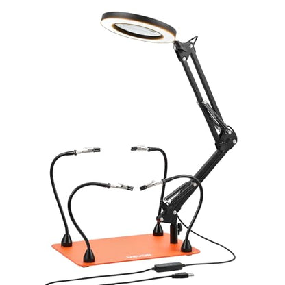 VEVOR Magnetic Helping Hands Soldering Station, 4 Flexible Arms Third Hand Tool with 3X LED Magnifying Lamp & Non-Slip Heavy-Duty Base, Soldering Helping Hands for Electronic Repair Craft Hobby DIY - style: 11*7in Large Base with Magnifying Light