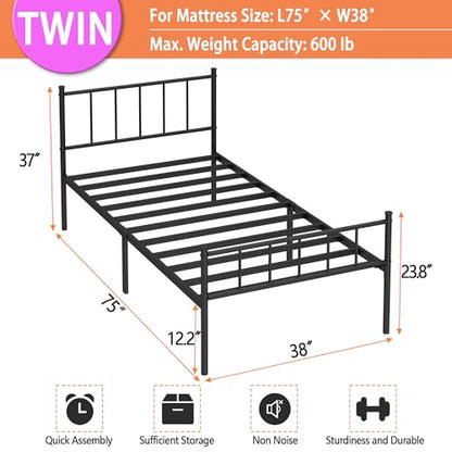 DIIYIV Twin Metal Bed Frame,Steel Slat Support,Noise Free,Easy Assembly | Twin Size Bed,Mattress Foundation,Underbed Storage,No Box Spring Needed - size: Twin