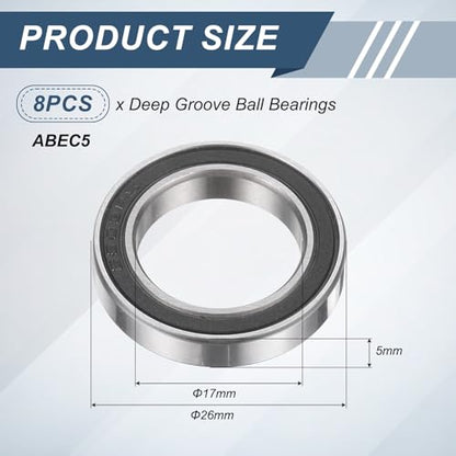 uxcell 8Pcs 6803 2RS 17mmx26mmx5mm Deep Groove Ball Bearings, Double Rubber Shielded Bearing Steel ABEC5 High Performance for Industrial Machinery Precision Transmission, Black - size: 6803 2RS 17mmx26mmx5mm