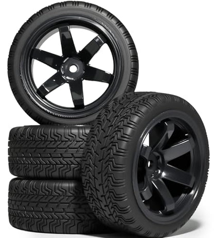 OD 2.65" On Road Rubber Tires Plastic Wheel Rims 12mm Hex for 1/10 RC Car | Compatible with MJX HSP Tamiya HPI Kyosho Traxxas Sakura Redcat WLtoys 1/10 RC On-Road Racing Touring Car (4pcs, Black) - style: D-Black