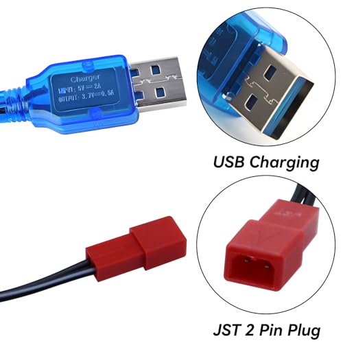 3.7V Lipo Battery Charger - 2 PCS 1S Lipo JST Charger Cable with USB JST 2 Pin Plug for RC Car Battery Remote Control Toys Airplane FPV Boat Tank Helicopter