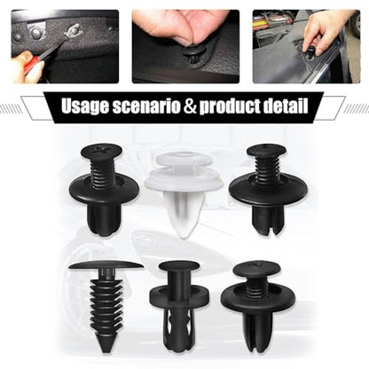 100 PCS Car Bumper Retainer Clips, Rivet Clip with Removal Tool, Fasteners Replacements, Push-in Vehicle Parts, Automotive Repair Kit, Universal for Most Cars, Trucks, SUVs (Multicolored)