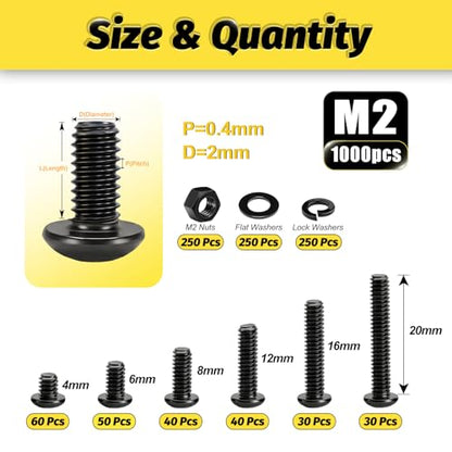 KADRICK 1000PCS M2 Screw Kit,Hex Socket Button Head Bolts 4mm-20mm | M2 Screws with Nuts Flat/Lock Washers,Class 10.9 Alloy Steel,Black Oxide Finish - size: M2 1000Pcs 4-20mm