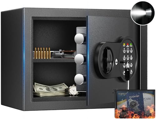 9.84'' Tall Small Safe Box, Home Safes with Removable Shelf | Fireproof Bag, Keys & Pass Code,Mini Fireproof Security Safe with Smart Alert and Wall Mount Kits for Money,Jewelry,Documents - size: 0.9 Cubic Feet