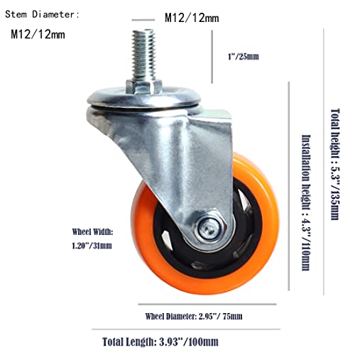 Heavy Duty Swivel Wheels, 3 Inch Yellow PVC Casters with Metric Stem M12-1.75x25mm Double Brakes Castors Safety Wheels up to 1200 Lbs/Set for Industry and Furniture Set of 4 - style: 3 Inch No Brake