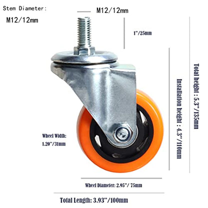 Heavy Duty Swivel Wheels, 3 Inch Yellow PVC Casters with Metric Stem M12-1.75x25mm Double Brakes Castors Safety Wheels up to 1200 Lbs/Set for Industry and Furniture Set of 4 - style: 3 Inch No Brake