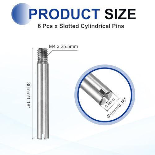 MECCANIXITY 6 Pcs M4 x 30mm Slotted Cylindrical Pins, 304 Stainless Steel Dowel External Thread Locating Parallel Pins Shelf Support Peg Pin for Furniture Installation, DIY Project - size: M4 x 30mm