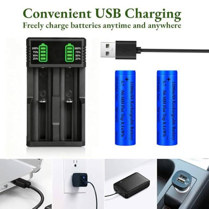 3.7 USB Battery Charger with 2 Pack 3,7 2200mAh Flat Top Battery Ni-MH, 2 Bay LCD Display Smart Universal USB Battery Chargers for Flashlights, Headlamps,Doorbells,RC Cars,Outdoor Garden Lights,etc