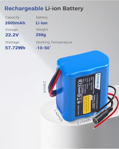 22.2V-24V 2.6Ah Lithium Battery, 22.2V-24V Rechargeable Li-ion Battery with Charger, Bare Leads Wire, Cable Connector for Kids Ride On Cars, DIY Project, Solar Panels, LED Light Strip, CCTV Camera