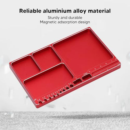 Magnetic Screw Tray, 16x10x1.1cm/6.30x3.94x0.43in Aluminium Alloy RC Repair Parts Organizer Portable Small Parts Holder with 4 Magnetic Pads for RC Aircraft (Red) - color: Red