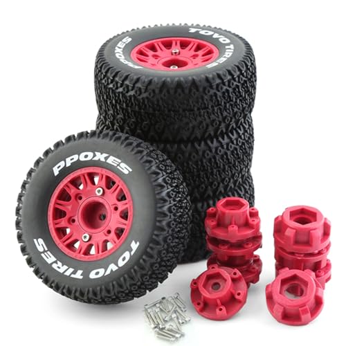 1/10 1/8 Truck Wheels and Tires 12mm 14mm 17mm Hex OD 4.41" RC Short Course Tires for 1:8 1:10 Scale Off Road Truck Car Traxxas Slash 2WD 4×4 Rc4wd Arrma Senton Axial Losi Redcat 4PCS (Red) - color: Red