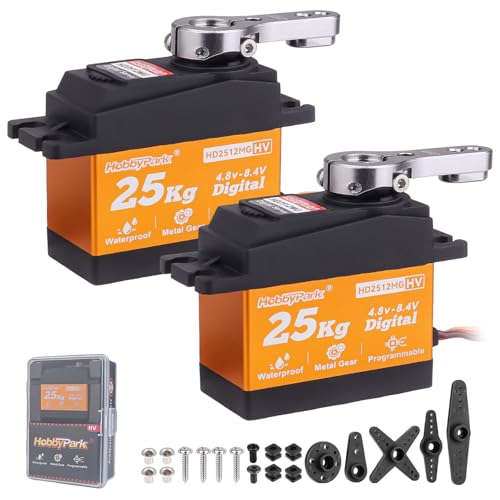HobbyPark Pack of 2 Waterproof 25kg Servos All Metal Gears Digital Servo Stainless Steel Gear Arduino Servo Steering for 1/12 1/10 RC Crawler Car Truck Buggy 5V-8.4V HV Control Angle 180° Fast 0.09sec
