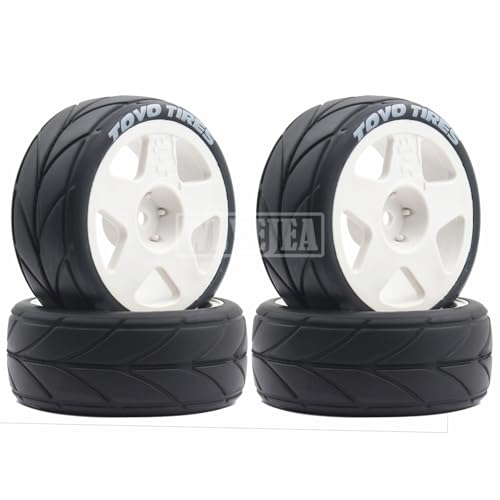 4PCS RC 1/10 On-Road Tires 65mm RC Rubber Tires w/Plastic Wheel Rim 12mm Hex Fit for 1/10 RC On-Road Rally Car HPI Tamiya TT01 TT02 Kyosho Wltoys 144001 - color: White 2
