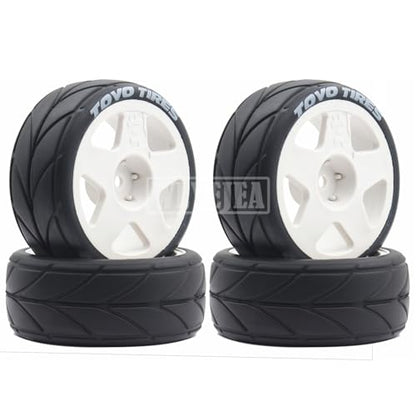 4PCS RC 1/10 On-Road Tires 65mm RC Rubber Tires w/Plastic Wheel Rim 12mm Hex Fit for 1/10 RC On-Road Rally Car HPI Tamiya TT01 TT02 Kyosho Wltoys 144001 - color: White 2