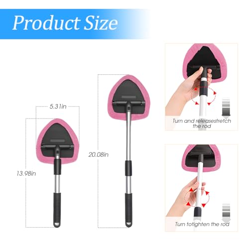Windshield Cleaning Tool, Car Window Cleaner with Extendable Long Handle and 4 Washable Reusable Microfiber Pads, Auto Interior Exterior Glass Wiper Cleaning Kit Universal for Office and Home (Pink) - color: Pink