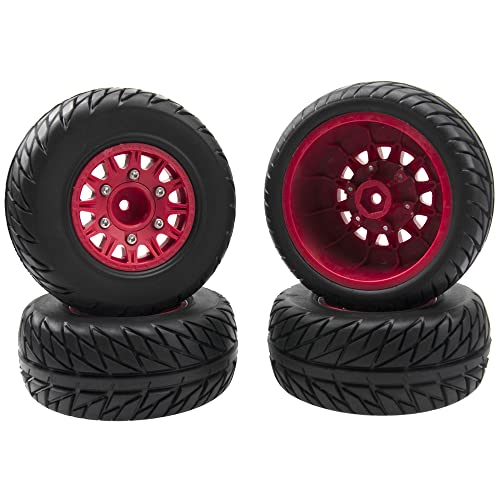 4Pack Vgoohobby 4.45" 1/10 RC Off-Road Car Rubber Tires & Plastic Wheels Rim Compatible with Traxxas Arrma Redcat Tamiya HPI Kyosho 1/10 RC Off-Road Buggy Short-Course Truck (Red,Style 2 Tire-Skin)