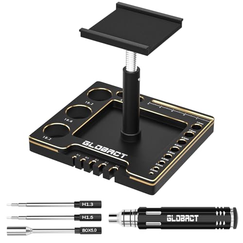 Multifunctional RC Car Stand RC Work Stand RC Repair Stand 360° Rotation Lift Or Lower with RC Screwdrivers for TRX4M SCX24 AX24 FMS FCX24 1/16 1/18 1/24 RC Crawler Truck Buggy (Black Gold)