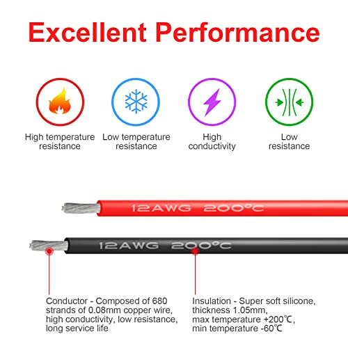12 AWG Silicone Wire, 10 ft Red and 10 ft Black | Flexible fine-strand tinned copper cable with heat-resistant silicone insulation for batteries, RC and electronics wiring. - style: 12 AWG 10ft Red+10ft Black