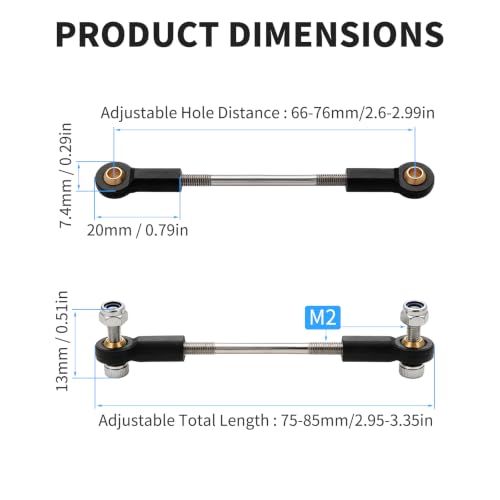 2 Pcs RC Toy Push Rod, M2x55mm Tie Rods Black Ball Head Joint | 75-85mm Adjustable, 304 Servo Linkage Link Rods, Double Plastic Ball Head, for RC Cars, Planes, Helicopters, DIY Models - color: M2×55mm Rod
