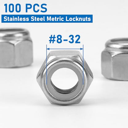 100 Pack 304 A2-70#8-32 Nylon Lock Nuts | 100 Pack 304 A2-70 Stainless Steel #8-32 Nylock Nuts, Anti-Loose, for Light Duty Industrial & Home Fastening - color: Silver, size: #8-32