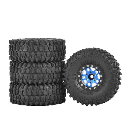 4PCS 1.55 inch Aluminum Metal Beadlock Wheels Rim and 95mm All Terrain Rubber Tires for 1/10 1/12 RC Rock Crawler Car for Axial AX90069 D90 TF2 Tamiya LC70 JIMNY UTB18(5Spoke,Blue) - color: 5spoke,blue
