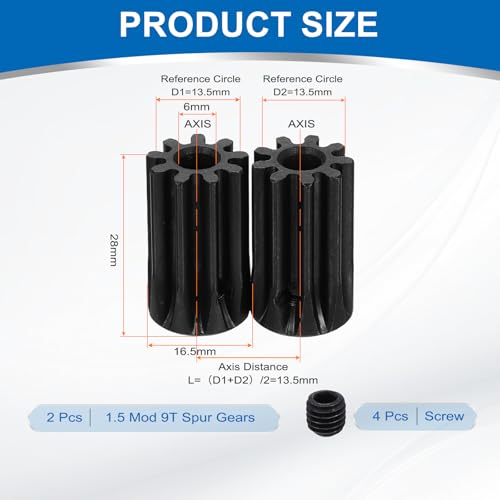 uxcell 2Pcs 1.5 Mod 9T Spur Gear 6mm Bore, 1045 Steel Pinion Gear Black Surface Treatment, 20°Pressure Angle, for Spur Rack and RC Model Car or Motor DIY - size: 1.5 Mod 9T, 6mm