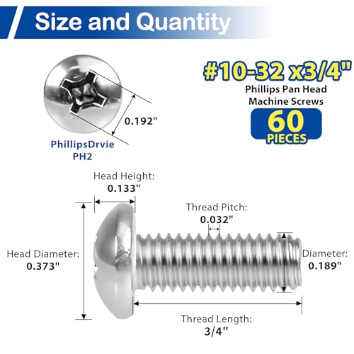 60Pcs #10-32 x 3/4" Phillips Pan Head Machine Screws, UNF Fully Threaded | 18-8 (304) Stainless Steel, Bright Finish, Ideal for Electronics, Appliances, Automotive and General Assembly - size: #10-32 x 3/4"