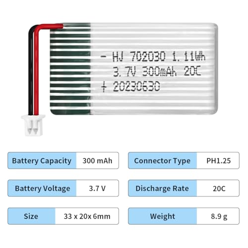HAWK'S WORK 2 Pcs 3.7V Lipo Battery, 300 mAh Rechargeable Lithium Polymer Battery for RC Plane Helicopter Drone All Models & Toys (PH1.25 Connector) - size: 300mAh-PH
