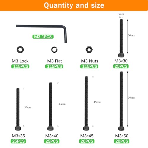 461Pcs M3 Socket Head Screws Metric Screws Bolts Washers Nuts Kit | ﻿ M3 x 30mm /35mm /40mm /45mm /50mm Machine Screw Assortment Kit 12.9 Grade Alloy Steel Fully Threaded for Furniture - size: M3 x 30mm, 35mm, 40mm, 45mm, 50mm