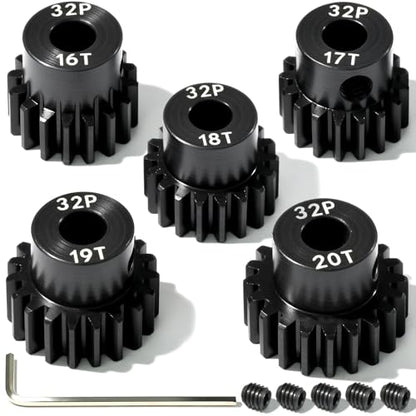 5Pcs 32P Hardened Steel Pinion Gear Set 5mm Shaft 16T 17T 18T 19T 20T Motor Pinion Gear with M4 Screw and Hex Key, for Arrma HPI Kyosho Losi Axial Traxxas Tamiya 1/10 RC Car and 540/550 Motors - size: 32P-HSP-5mm-16-20T