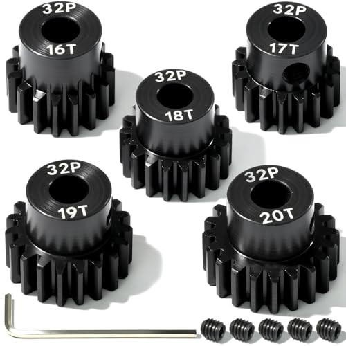 5Pcs 32P Hardened Steel Pinion Gear Set 5mm Shaft 16T 17T 18T 19T 20T Motor Pinion Gear with M4 Screw and Hex Key, for Arrma HPI Kyosho Losi Axial Traxxas Tamiya 1/10 RC Car and 540/550 Motors - size: 32P-HSP-5mm-16-20T