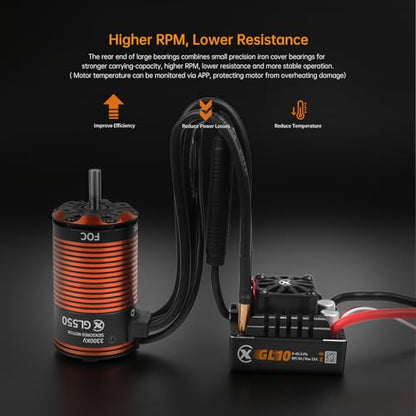 XC GL550&GL10 APP Controls Sensored Brushless Motor and FOC ESC Combo,80A Current,2-3S Lipo,6.0/7.4V BEC,IP67 Water Proof,3300KV FOC Motor,Applicable to:1/10 1/8 Crawler Off Road